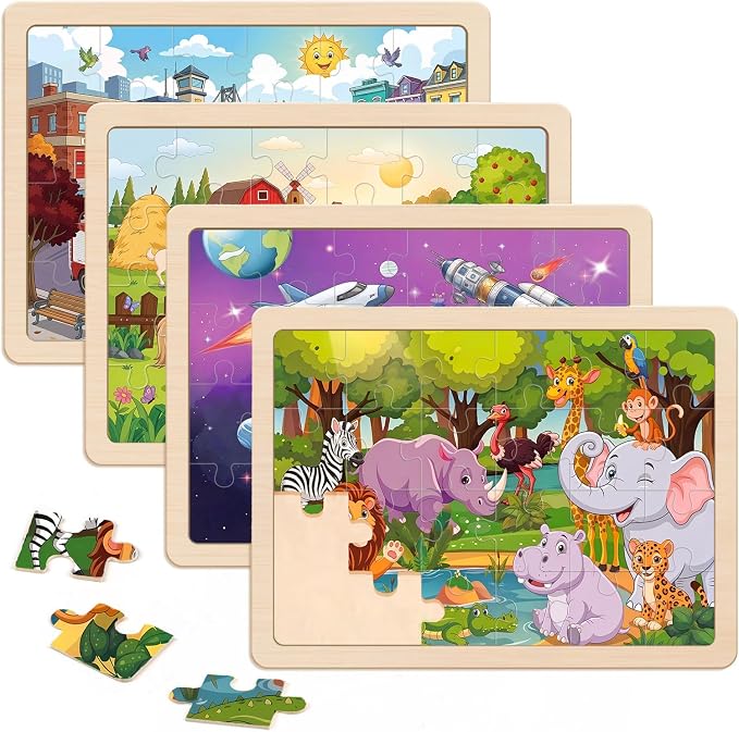 Puzzles for Kids Ages 4-6, 24 Pcs Wooden Farm, Animals, Space, and Emergency Vehicle Jigsaw Puzzles for Kids Ages 3-5, Preschool Educational Puzzles Boards Toys Gifts for 3 4 5 6 Boys Girls