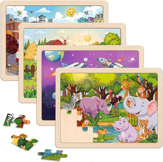 Puzzles for Kids Ages 4-6, 24 Pcs Wooden Farm, Animals, Space, and Emergency Vehicle Jigsaw Puzzles for Kids Ages 3-5, Preschool Educational Puzzles Boards Toys Gifts for 3 4 5 6 Boys Girls