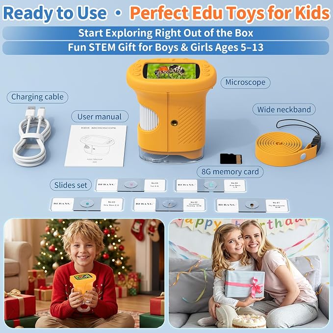 Kids Handheld Digital Microscope 1000X: Science Gift Kit STEM Toy Ages 5-13 | 8GB SD Card for Photo/video, Rechargeable, 2.4" Screen, 8 LEDs, Portable Magnifying Glass Pocket Miniscope for Girls Boys