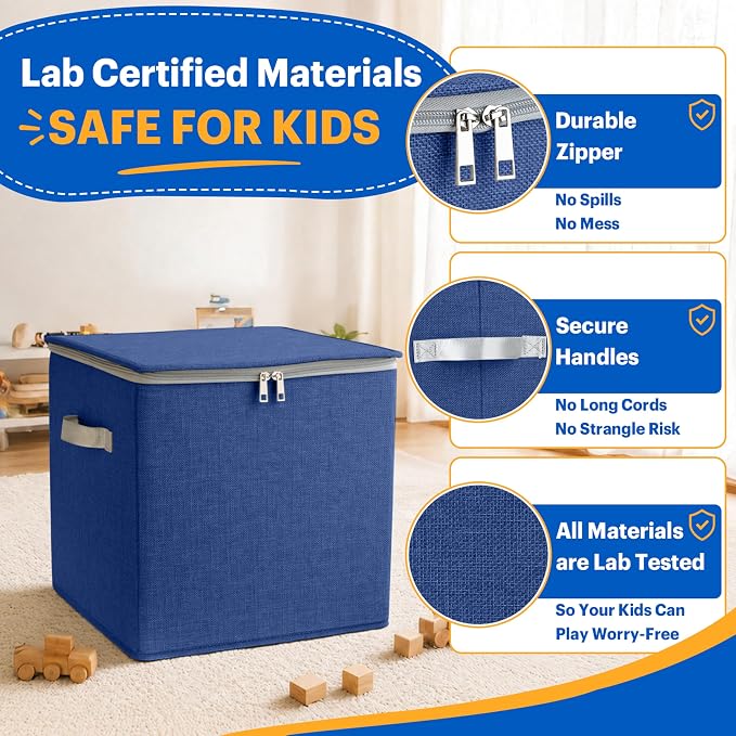 SAM AND MABEL Toy Storage Organizer with Play Mat for Kids – 13" x 13" x 13" Storage Box, Stackable and Foldable Cubby Baskets for Playroom, Nursery Bins for Boys and Girls (Noble Blue)