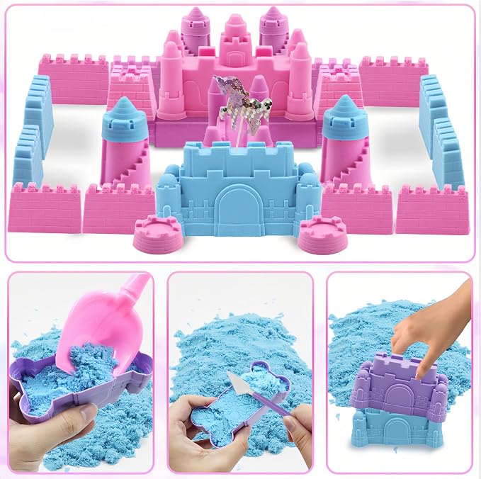 Unicorn Sensory Bin Sand Kit - 155 Pcs with 2.2lbs Sand, 9 Castle & 8 Unicorn Molds, 12 Tools, Tactile Sensory Fillers for Girls Age 4-9 Gifts