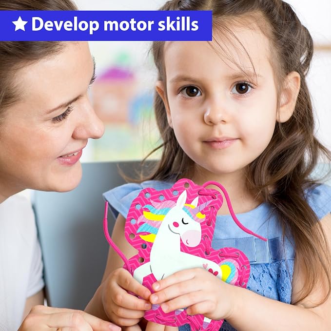 KRAFUN Princess, Unicorn & Mermaid Lacing Cards Age 3+ | 10 Projects | 10 princess, unicorn & mermaid cards. Castle, Fairy, Crown, Seahorse & Starfish. Builds fine motor skills in girls