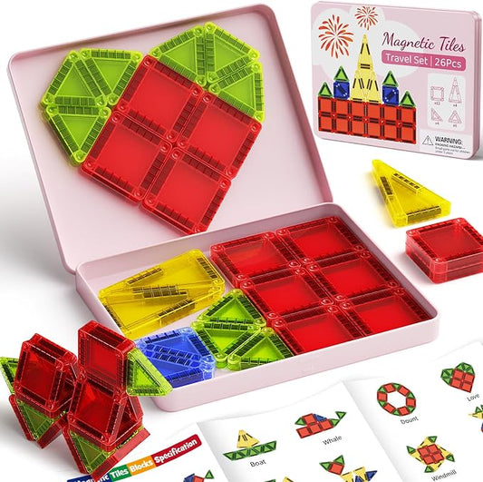 Mini Magnetic Tiles Travel Set Iron Box Storage Baseplate | Portable Magnetic Building Blocks STEM Toy for Kids 3+