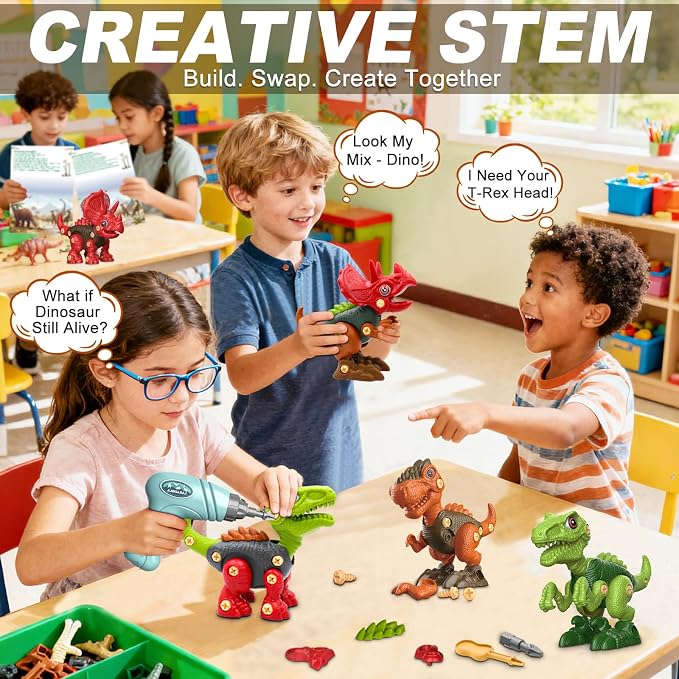 Take Apart Dinosaur Toys for Boy: 85 Pieces 3 Pack & Electric Drill for 4-6 | Easy-to-Use Dinosaur Construction Building Set for Little Hands - STEM Educational Toy & Gifts for Kids Birthday Christmas
