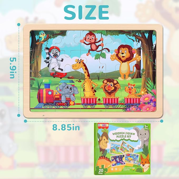 Wooden Educational Jigsaw Puzzles for Preschool Kids Ages 3-5, 4-Pack with 20 Pieces Dinosaur, Space, Transportation Wood Puzzles Set, Kids Brain Teaser Toys, Gifts for Boys Girls Ages 3 4 5 6