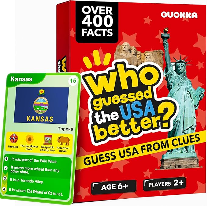 Quokka Who Guess It Better USA States – Educational Game with Visual Clues, Geography Learning Card Set, 50 Cards, Screen-Free Travel Game for Kids Ages 6+
