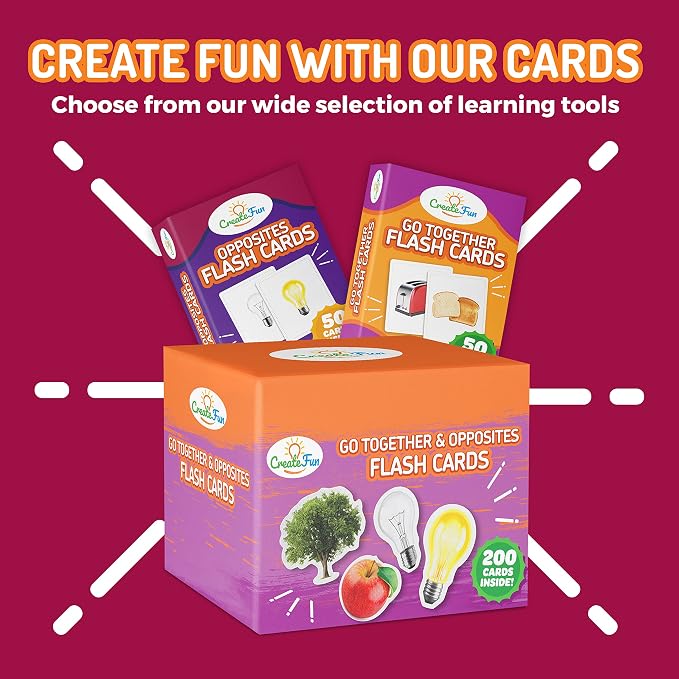 CreateFun Opposites Flash Cards, 50 Realistic Matching Photo Cards,25 Pairs | Visual aid - ESL,Kids,Special Ed,Senior Care Speech Therapy,Dementia Activities,Autism Learning