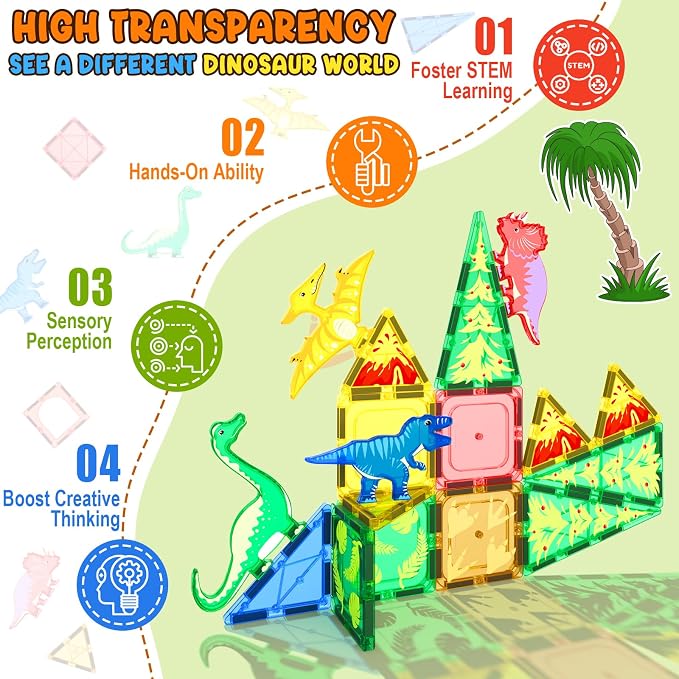 Dinosaur Toys Magnetic Tiles - Magnet Building Blocks for Toddler Kids 3+ | Dinosaur World Creative Games Set For Kids 3+, Great Kids Toys Gift For Boys & Girls, Ideal Set For STEM and Sensory Play
