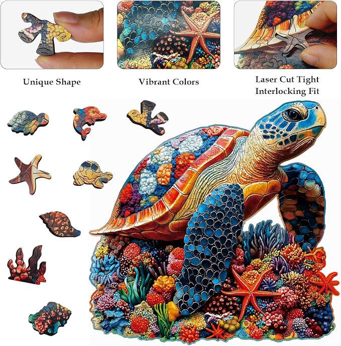 Wooden Puzzles for Adults, Coral Sea Turtle Jigsaw Puzzles for Adults, 300 Piece Unique Animal Shaped Wood Cut Puzzles, Fun Challenging Turtle Puzzles Gift for Family Game Night Home Decor 14.6*15in