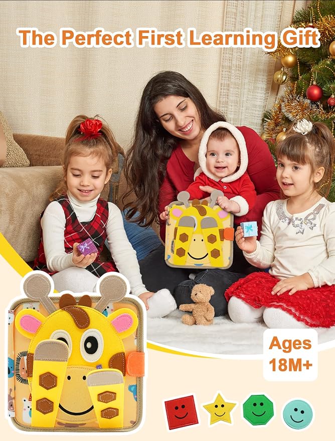 BizyKoady Busy Book for Toddlers 1-3, Montessori Toys for 1 Year Old, Kids Travel Toys, Educational Activity Book, Birthday Gifts for Boys & Girls, Washable Felt Busy Board, Giraffe