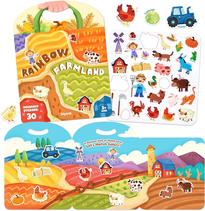 JoyCat Reusable Farm Animal Sticker Book, Travel Toys for Toddlers & Kids | Washable stickers make a kids' activity book for car, airplane and road trips; educational birthday gifts for boys and girls.