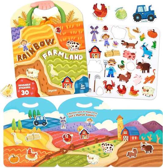 JoyCat Reusable Farm Animal Sticker Book, Travel Toys for Toddlers & Kids | Washable stickers make a kids' activity book for car, airplane and road trips; educational birthday gifts for boys and girls.