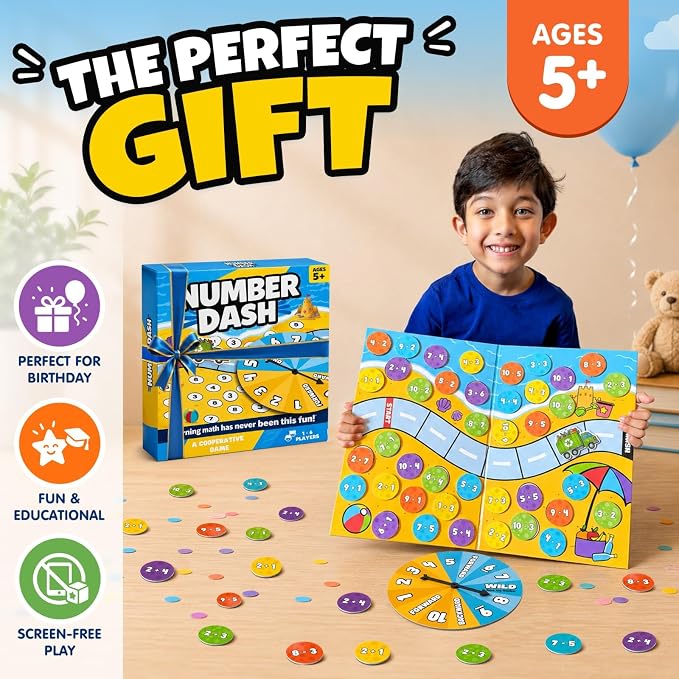Number Dash Math Games for Kids 5-7, 1st Grade & Kindergarten Board Game | Addition and subtraction Cooperative game, homeschool &, classroom learning, STEM toy for 5+ year old