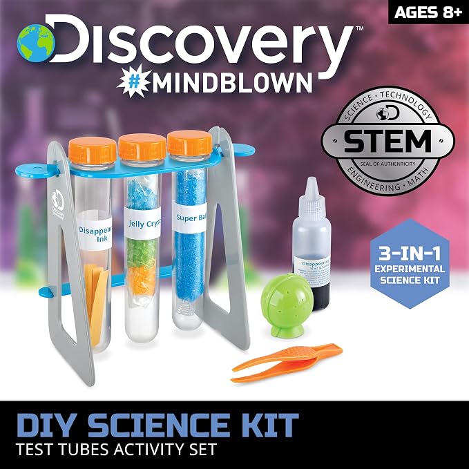 Discovery #MINDBLOWN 14-Piece Test Tubes DIY Science Kit with 3 Educational Experiments, Educational STEM Activity Set, Fun Learning Toy for Real Chemistry Experiments, Safe for Kids Ages 8+