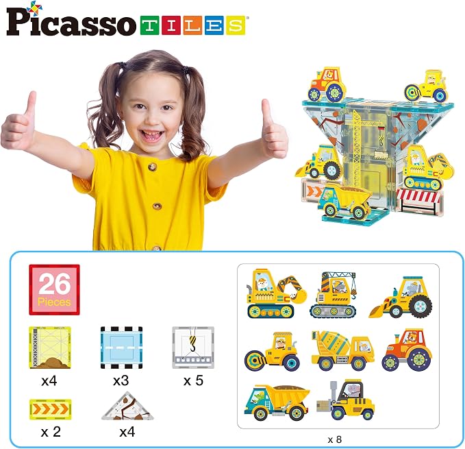 PicassoTiles Magnetic Tile Construction Set with 8 Vehicle Figures and 18 Printed Panels STEM Educational Building Kit for Kids Age 3 Plus Creative Play Learning Blocks Motor Skills Development PTQ21