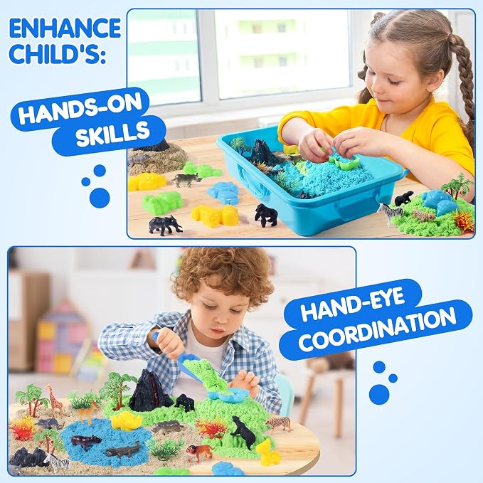 Billeeit. Animal Sensory Bin Sand Toy | Play Sand Kit w/lid and 2.2lbs Moldable Sensory Sand, Molds, Tools, Map Set 30+pcs Total, Fun Gifts for Kids 3+