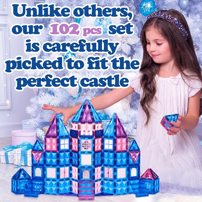 Little Pi 102pcs Frozen Princess Castle Magnetic Tiles Building Blocks - 3D Diamond Blocks, STEM Educational Toddler Toys for Pretend Play, 4 Year Old Girl Birthday Gifts Kids Ages 3 5 6 7 8 - Blue