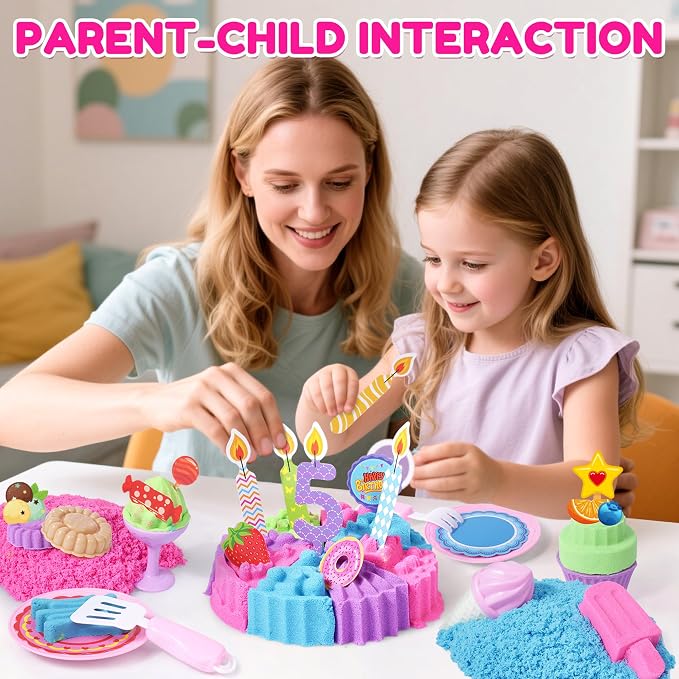 Billeeit. Cake & Ice Cream Sensory Bin Sand Toy, Fun Gift for Kids Girls 3+ | Sand Kit Sensory Toys w/lid and 4 Color Moldable Sensory Play Sand 2.2lbs, Molds, Tools Set 43pcs Total for Toddlers
