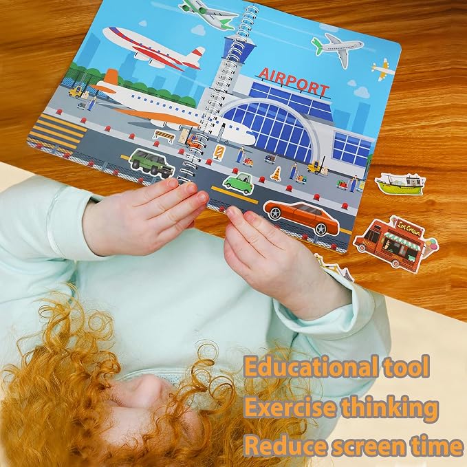 Jelly Sticker Books for Toddlers 2-4 Years, Reusable Sticker Book for Kids 1-3, Toddler Easter Basket Stuffers＆Travel Essentials Vehicles Stickers for Kids Toddler Plane Activities (Vehicles)