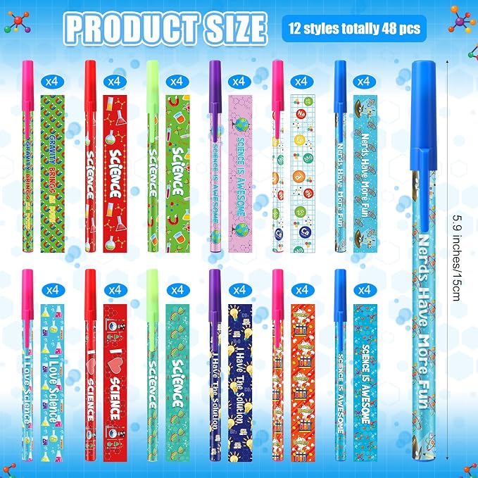 Nezyo 48 Pcs Science Pens Bulk Science Party Favors Black Ink Chemistry Ballpoint Pens 0.5mm Fun Motivational Back to School Gift for Student Class Reward Teacher Supplies Birthday Lab Gift Decoration