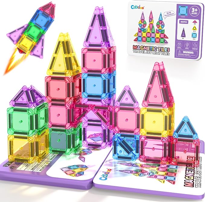 Mini Magnetic Tiles Travel Toys, 40PCS Magnetic Blocks Building Kids Toy | Montessori Preschool Classroom Must Haves, STEM Sensory Outdoor Toys for Toddlers 3+ Year Old Girls Boys, Travel Essential