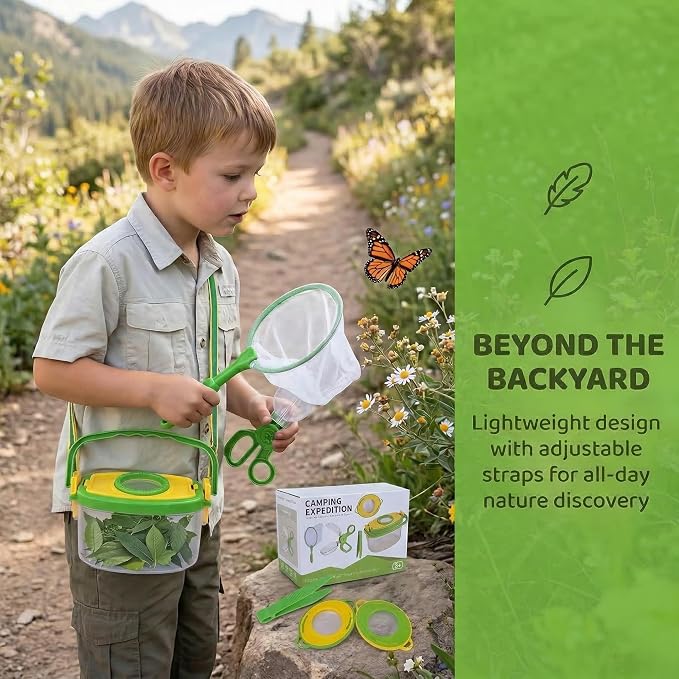 Bug Catcher Kit 6 Pcs - Insect Catching Set with Net, Bug Box, Magnifier & Tweezers - Outdoor Explorer Toy for Kids Age 3-12(Green 6 Pcs)