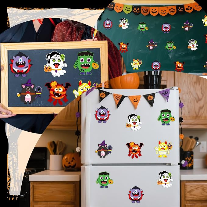 Haooryx DIY Halloween Monster Magnet Craft Make Your Own Halloween Sticker | 30 Set Halloween Characters Decor Stickers Craft, Kids School Activity Art Project Refrigerator Bulletin Board Decor Supplies