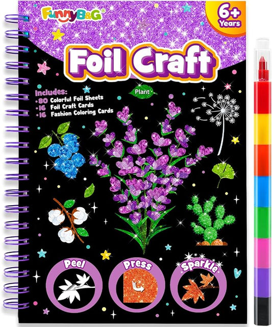 FUNNYB&G Foil Art Craft Kit for Kids, Sparkly Birthday Gift Toy for Girls | No Mess, Kids Ages 4-10 Create Sparkling Artwork, A Creative Gift for Birthdays, Holidays, Travel Activities,Screen-Free Fun