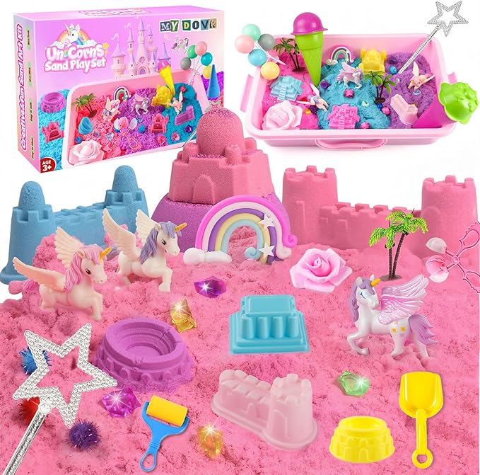 Unicorn Sensory Bin for Girl, Magic Sand Art Kit for Boys and Girl with Sandbox, Castle Molds, 2.18lb 3 Color Sand, Best Unicorn Toy Kits Christmas Birthday Gift for Toddler Ages 3+