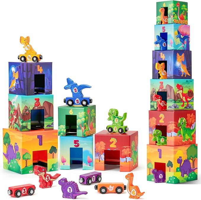Atoylink Toddler Dinosaur Sorting and Stacking Toys with Magnetic Wooden Dinosaur Train Set, Baby Number Blocks Nesting Boxes Preschool Learning Montessori Toys for 3 Year Old Boys Girls Gift