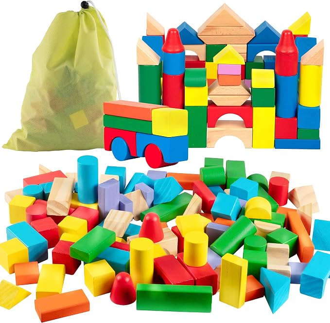 Right Track Toys Wooden Blocks - 100 Pc Wood Building Block Set with Carrying Bag (Rainbow Colored)- 100% Real Wood in 7 Colors and 14 Shapes - Stack, Build and Store- Fun Gift, Back to School Project