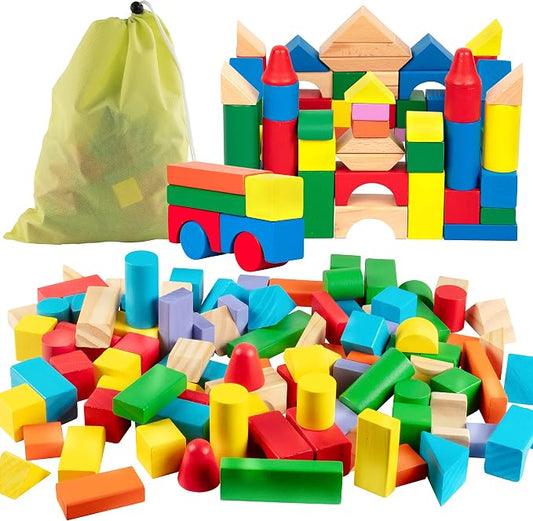 Right Track Toys Wooden Blocks - 100 Pc Wood Building Block Set with Carrying Bag (Rainbow Colored)- 100% Real Wood in 7 Colors and 14 Shapes - Stack, Build and Store- Fun Gift, Back to School Project