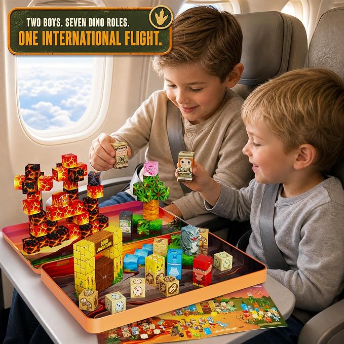 Dinosaur Magnetic Blocks Travel: 1.48lb 100PCS Volcano Tin Set | 7 Dinos 2 Explorers 60-Min Multi-Kid Story, N32 Quiet Road Trip Car Airplane Activities Toys for Kids Boys Girls Ages 3-8