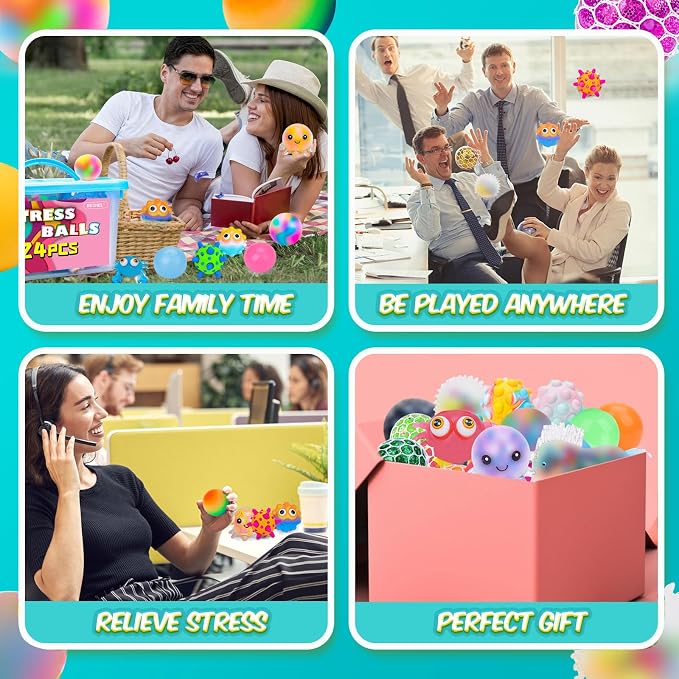 24 Pack Stress Balls, Squishy Balls, Squeeze Balls for Adults | Stress Relief Balls, Prize Box Stuffers, Party Favors