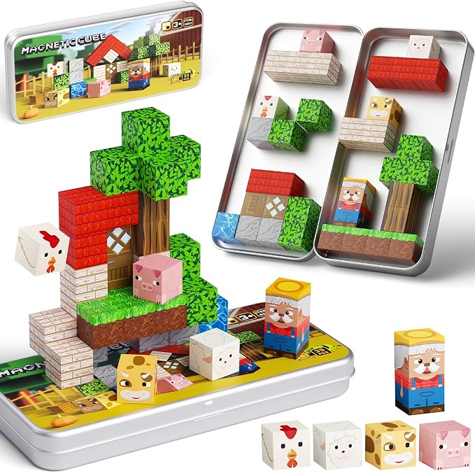 Mini Magnetic Blocks Farm Animals: 35pcs Travel Building Set for Toddlers | STEM Magnet Toys & Portable Iron Box for Kids Ages 3-8 Airplane Activities