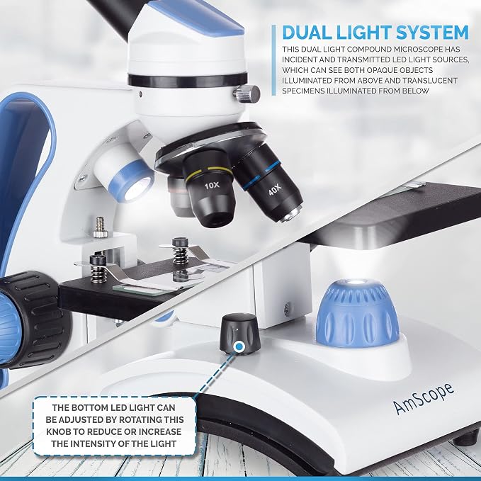 AmScope M162C-2L-PB10-WM All-Metal Compound Microscope 1000X Magnification | 40X-1000X Magnification LED Illumination All Metal Frame Includes Slides Prepared Kit Carrying Case Digital Camera Ready