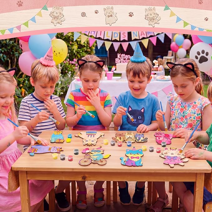 Saypacck 24 Pcs Cat Party Favors Wooden Paint Craft Kits | Cute Cat Designs, Includes Paints Brush Bag, For Girls Cowgirl Theme Goodie Bag Fillers, DIY Thank You Gifts