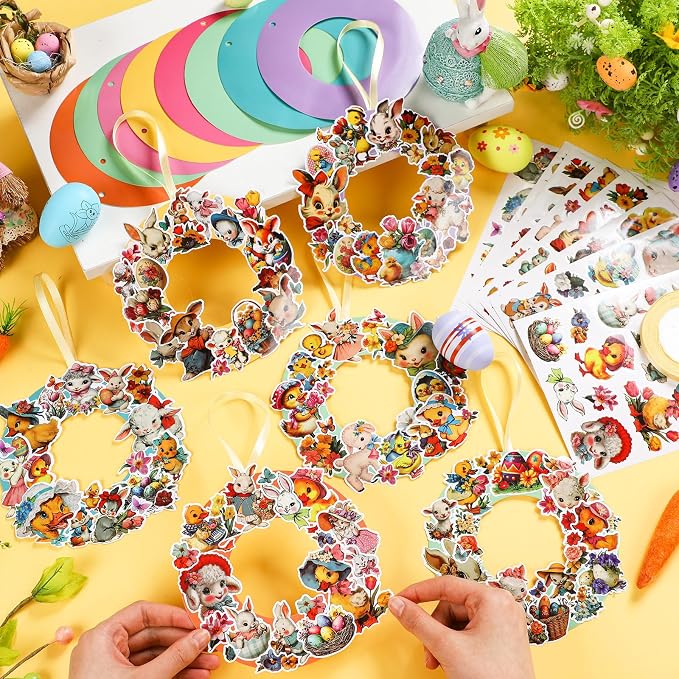 Hollowfly 48 Sets Easter Wreath Craft Kits, DIY Spring Bunny Paper Crafts | Includes Stickers and Ribbons, Easter Family Activity, Spring Party Wall Door Hanging Decor, School Crafts