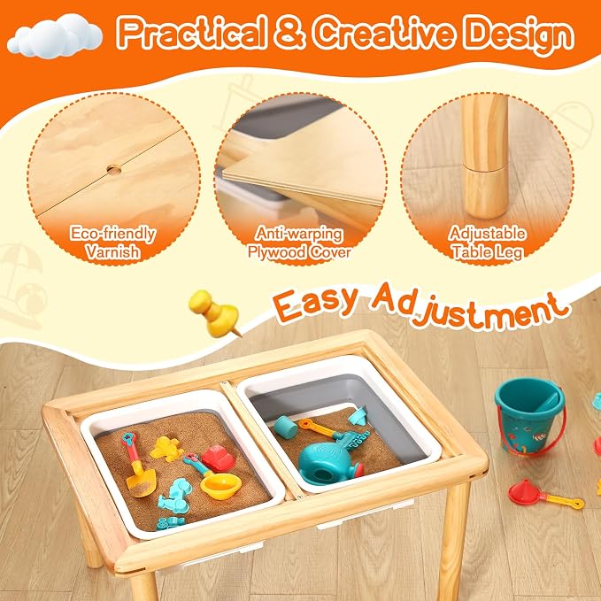 FUNLIO Wooden Sensory Table for Toddlers 1-5, 3-Level Height Adjustable Kids Activity Table with Anti-Warping Plywood Lid, Indoor/Outdoor Play Sand and Water Table, CPC Certified