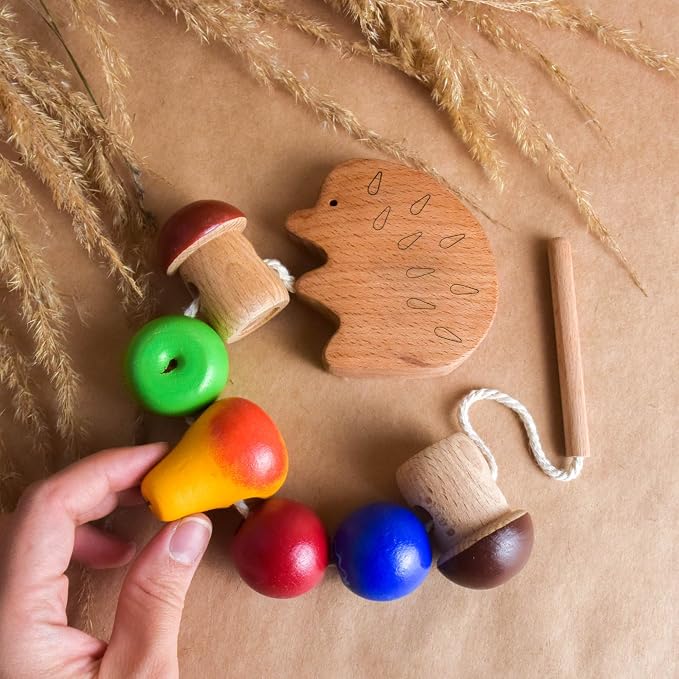Wooden Lacing Toy Hedgehog, Montessori Baby Materials Educational Learning for Kids, Children Early Development, Unique Handmade First Birthday Gift for Boys and Girls