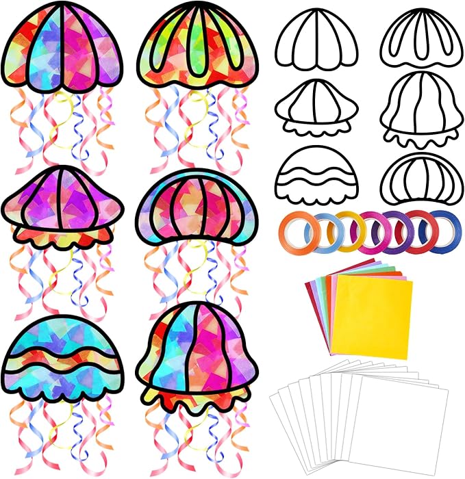 Qyeahkj 36 Set Jellyfish Suncatchers Craft for DIY Ocean Window Tissue Paper Craft Kit Under the Sea Stained Glass Window Ornaments Decoration for Home Art Project Summer Jellyfish Party Favor Gift