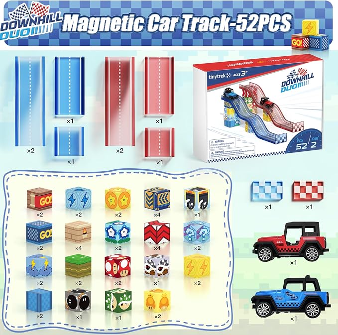 Magnetic Tiles Race Track Set, 52PCS STEM Educational | With 2 Race Cars, Montessori Sensory Travel Toys for Kids 3 4 5 6 7 8, Birthday & Holiday Gift for Boys & Girls