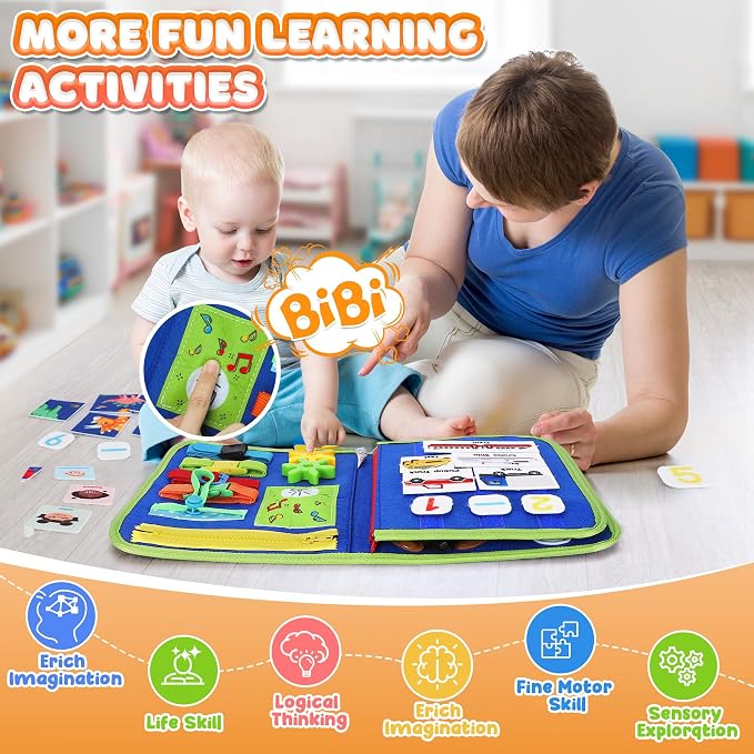 Toddler Busy Board - Busy Book Montessori Toys Ages 3+, Fine Motor Skills | Preschool Learning Activities with Alphabet Number Animal, Educational Travel Toys Birthday Gifts for Kids