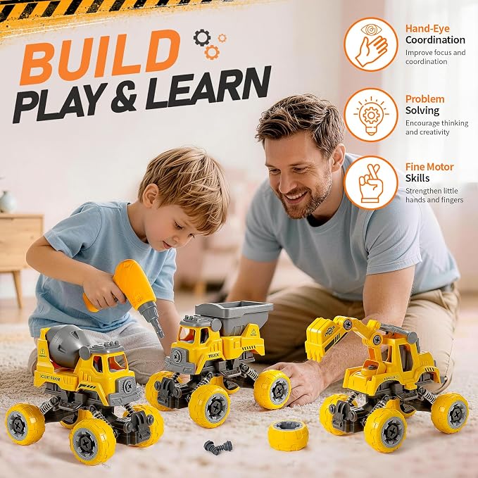 Take Apart Construction Truck Toys for Boys Age 3-8, 4 PCS STEM Building Toys with Electric Drill, Excavator Bulldozer Cement Mixer Dump Truck, Pull Back Cars Birthday Gifts for 3 4 5 6 Year Old Kids
