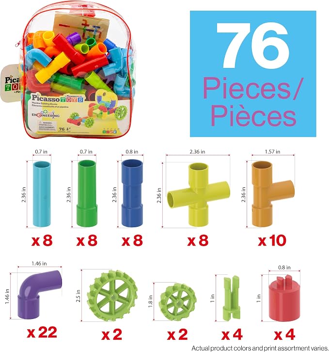 PicassoTiles 76PC STEM Pipe Building Interlocking Tube Construction Toy with Wheels and Storage Backpack Creative Educational Brain Development Learning Blocks for Kids Ages 3+ Boys and Girls PTT138