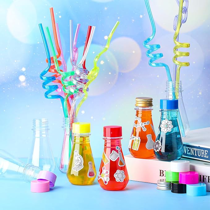 Jingmore 36 Pcs Science Party Theme Cups Set with Silly Loop Straws Science Stickers Plastic Reusable Small Conical Flask Bottles Test Tubes for Birthday Party Decorations(Conical Flask)