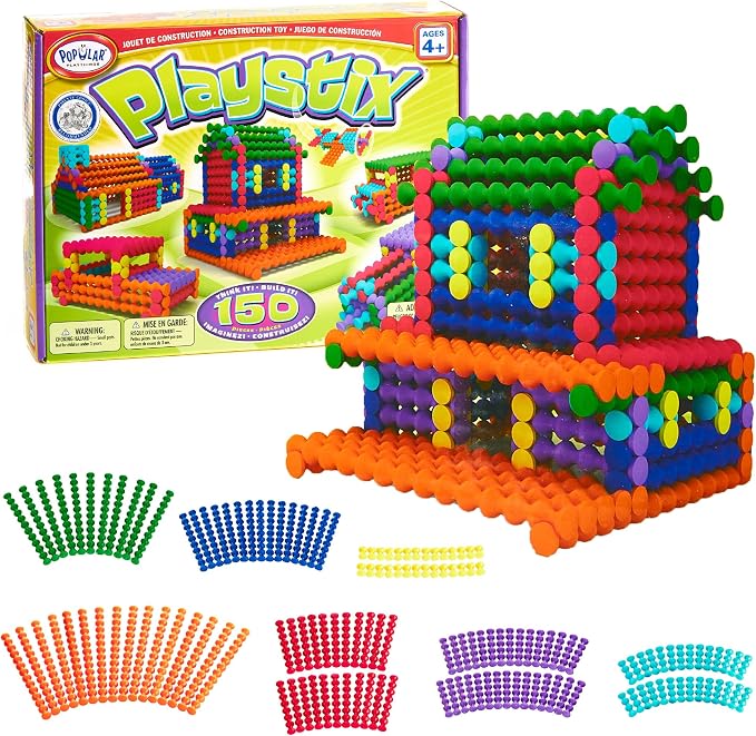 POPULAR PLAYTHINGS Playstix Construction Toy Set, 150 Piece Kit | for Kids Ages 4 and Up, Building Sticks for STEM and Classroom Use