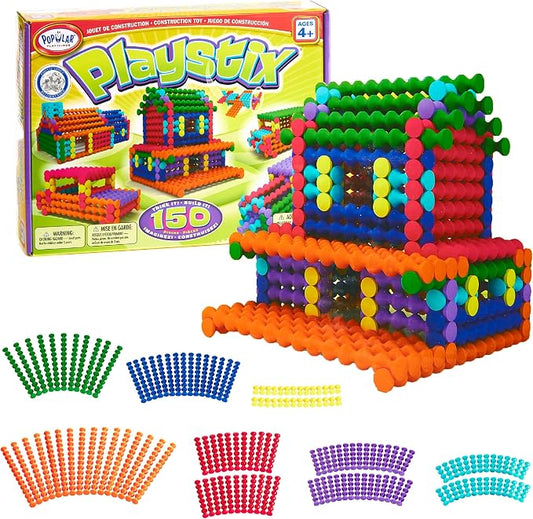 POPULAR PLAYTHINGS Playstix Construction Toy Set, 150 Piece Kit | for Kids Ages 4 and Up, Building Sticks for STEM and Classroom Use