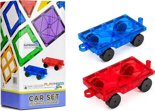 Playmags Magnetic Car Set (2 Pieces) – Strong Magnet Car Bases for Magnetic Tiles, STEM Building Toy Accessories for Kids, Compatible with Magnetic Blocks, Durable Wheels, Creative Play Add-On