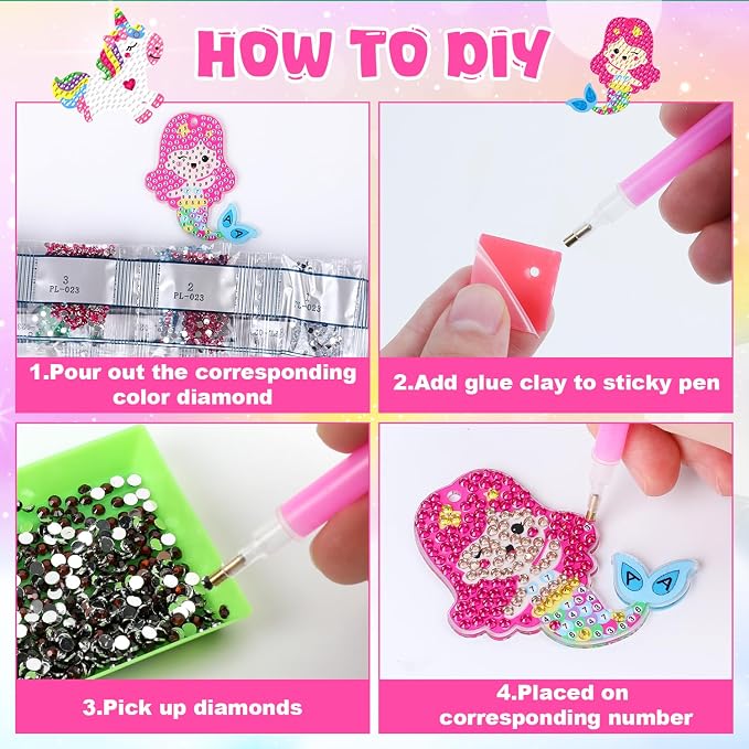 Labeol Arts and Crafts for Kids - Creat Your Own GEM Keychains-5D Diamond Painting by Numbers GEM Kits for Kids Girls Toddler Age 6-7 6-8 10-12